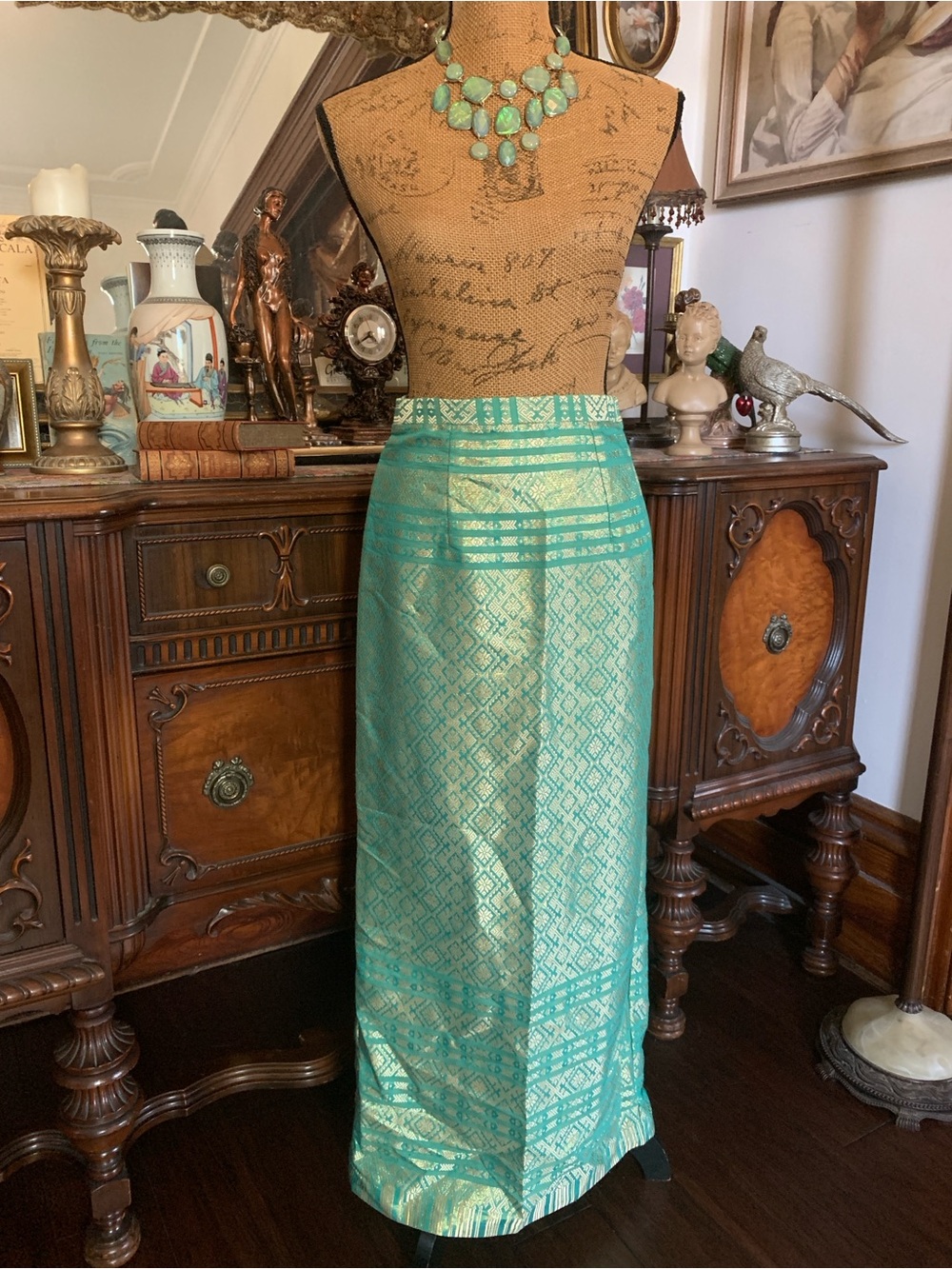 Vintage Boho Satiny Golden Thread Exotic Asian Floral Metalic Fashion Skir